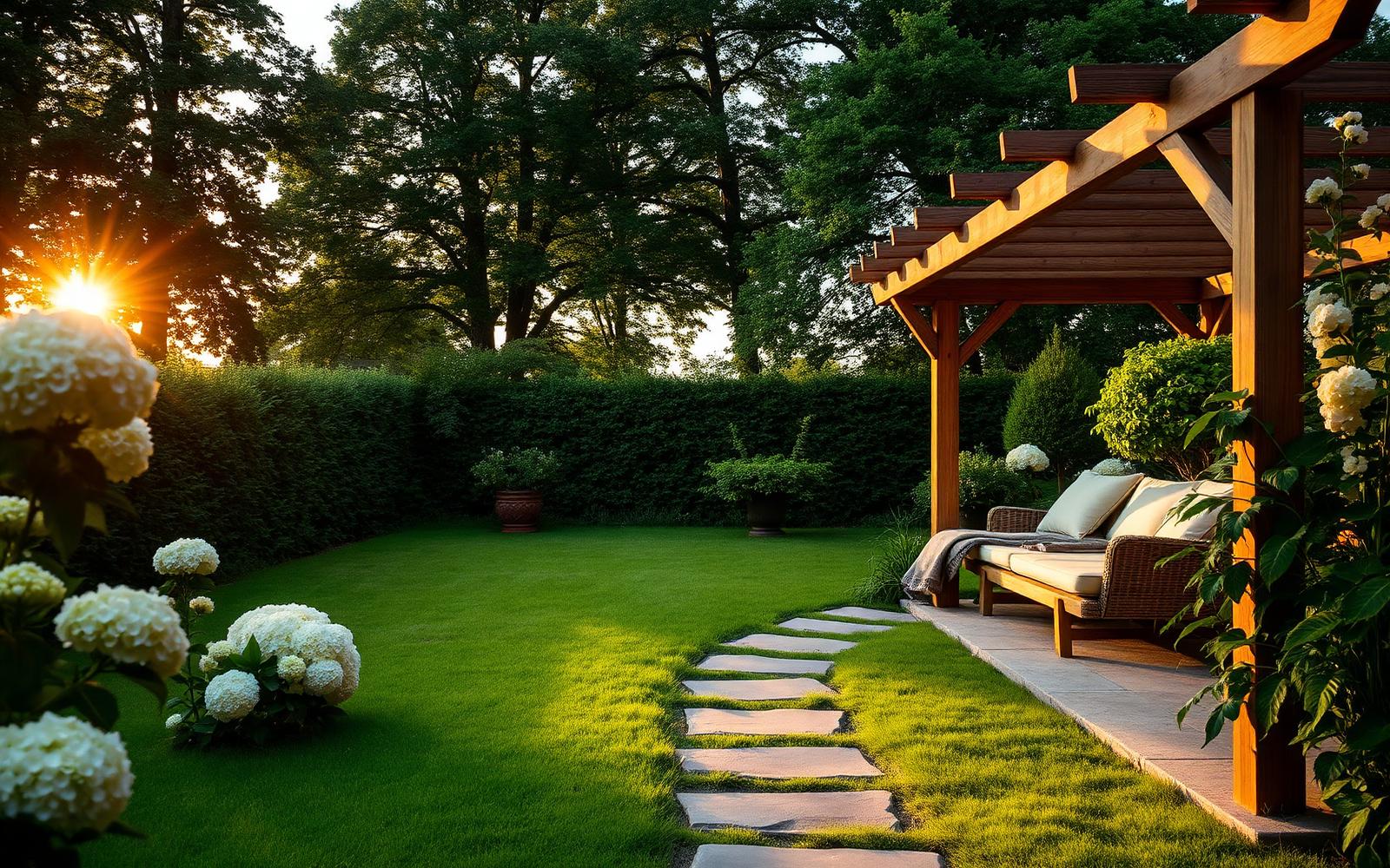 Prachtige achtertuin met pergola, gazon en witte hortensia's bij avondlicht
